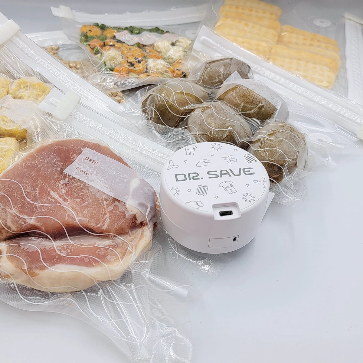 DR. SAVE DUO with vacuum-sealed meat, vegetables and dry foods