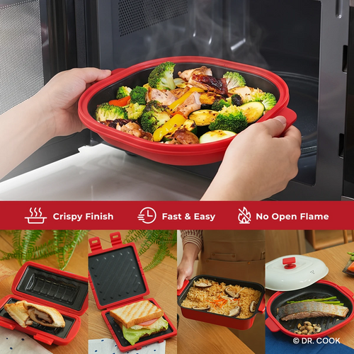 The DR. COOK microwave grill pan makes cooking faster and easier.